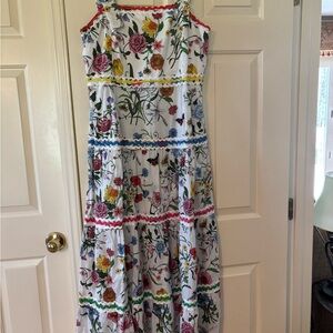 Floral White Tiered Maxi Sundress with Colorful Trim